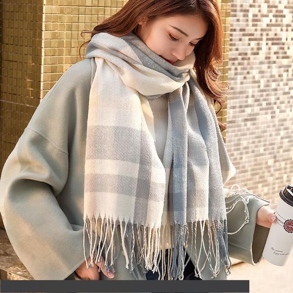 

2019 осени зима женщина шерсти плед шарф женщина кашемир шарфы широкой решетки длинная шаль wrap blanket теплого палантин, Blue;gray