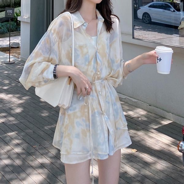 

internet celebrities set nv zhang xiu sunscreen wide-leg shorts two-piece shorts shirt shirt foreign flavor summer 2020 new, Gray