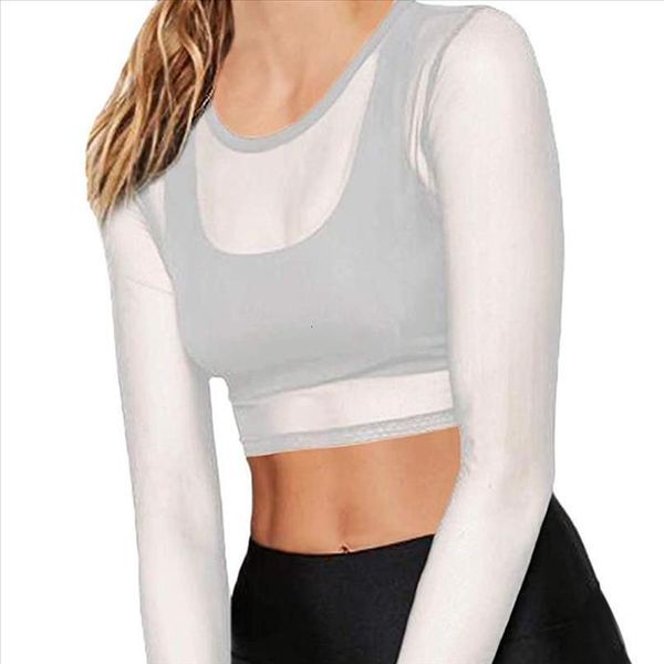 

harajuku mesh crop long sleeve t shirt women kawaii solid gothic tees see through o neck summer sheer mesh, White