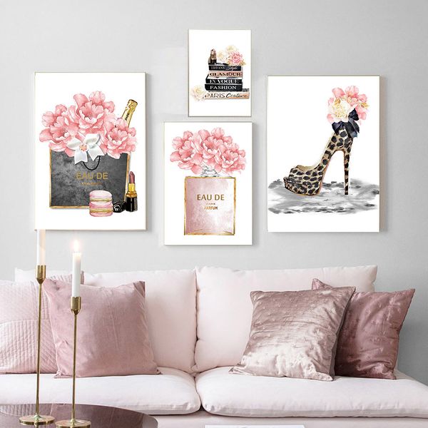 

fashion wall art perfume bottle canvas poster peony high heels print fashion book painting wall pictures for girl room decor