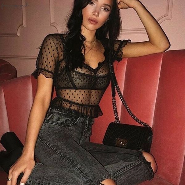 

womens clothing puff sleeve sweet women mesh see through shirt transparent polka dot blouse crop, White