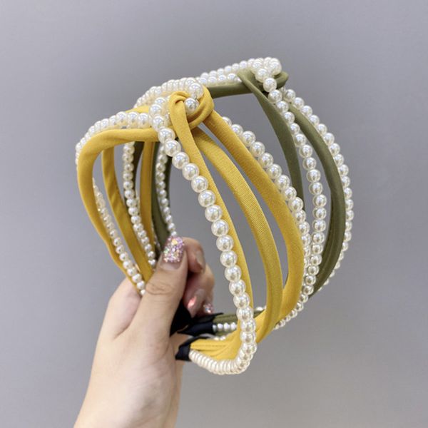 

2020 new solid color cross pearl hairband korean fashion women knotted headband hair hoop bands sweet girls wide-brimmed hair accessories, Silver
