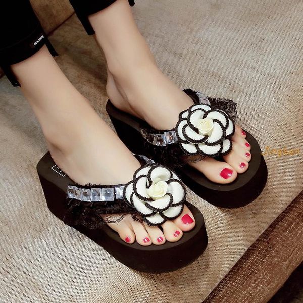 

summer new holiday beach shoes non-slip wedges with flip-flops fashion flower slippers women wear thick soled slipper, Black