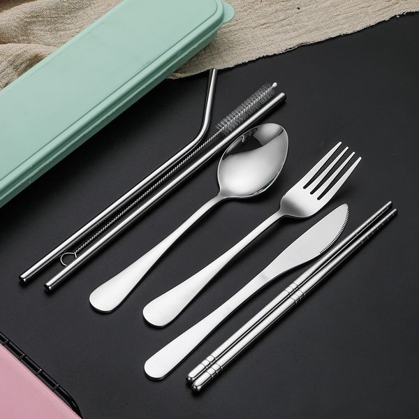 

multi color 7 piece set of western-style 304 stainless steel cutlery portable cutlery,spoon straw set stainless steel cutlery