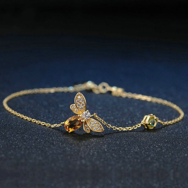 

natural citrine peridot little bee micro-inlaid bracelet 925 sterling silver jewelry 14k gold bracelet women's bracelet, Black