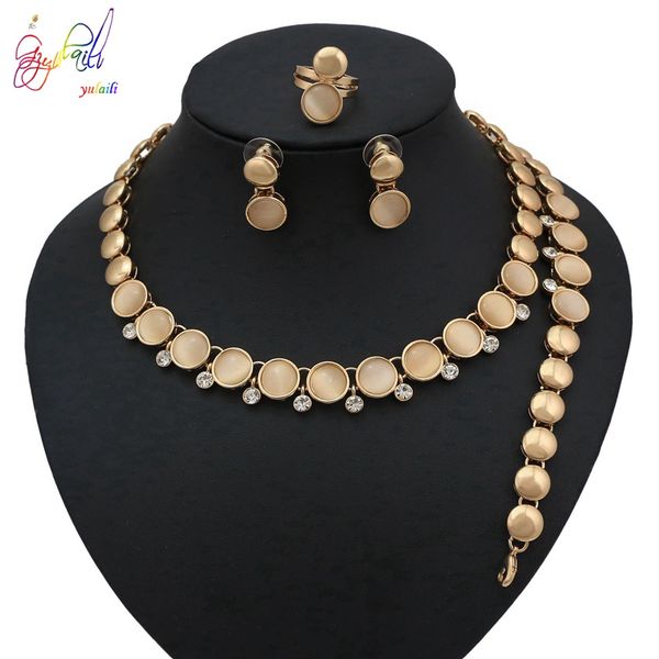 

yulaili fashion opal round design gold color necklace bracelet earrings ring for women wedding jewelry sets african jewellery, Black