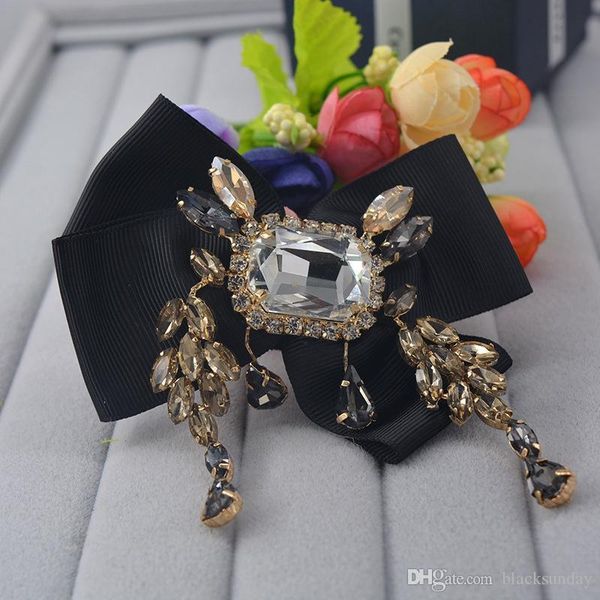 

luxury womens brooch big crystal and tassels crystal brooches fancy silk brooch pins for dress shirt bow brooches, Gray
