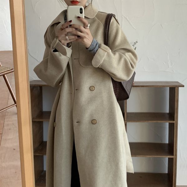 

women winter vintage super long cashmere coat turn down collar beige wool overcoat with waist belt slim plus size jacket, Black
