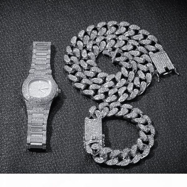 

o luxury hip hop bling chains jewelry men necklace iced out diamond miami cuban chain rose gold silver watch &necklace &bracelet set