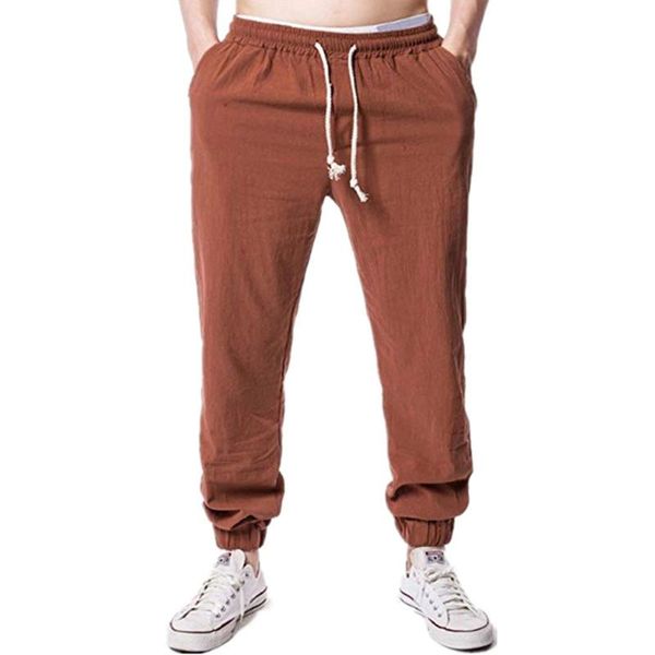 

new men solid color pants joggers elastic drawstring casual long pants harajuku man male cotton linen sweatpants black