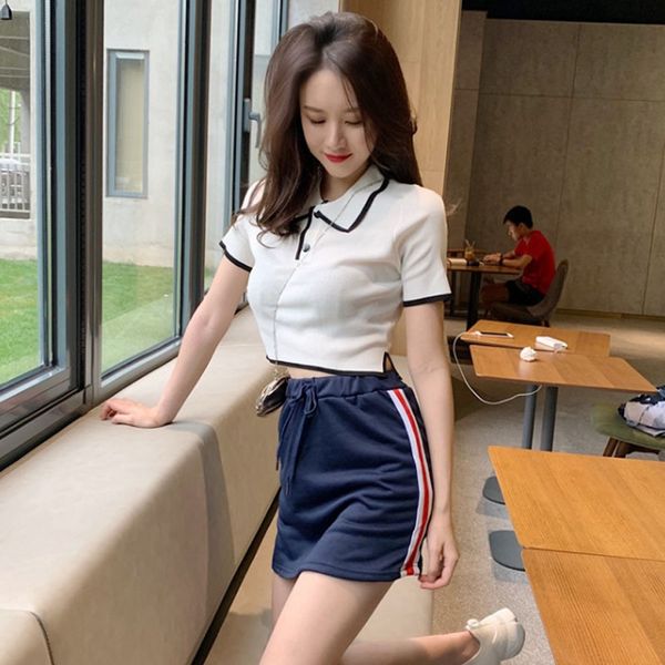 

women's t-shirt 2019 lapel short knitted t-shirt + contrast color elastic waist skirt two-piece set, Gray