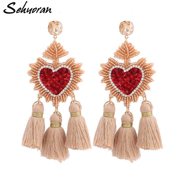 

dangle & chandelier sehuoran bohemian drop earrings for women wedding tassel jewelry heart pendant fringed beadshandmade brand design, Silver