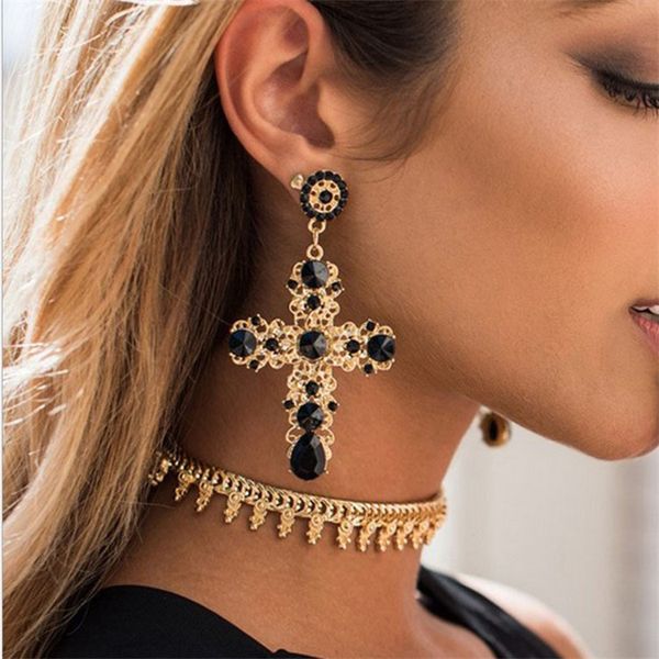 

vintage black red blue crystal hollow out cross drop earrings for women bohemian large long dangle earrings jewelry gifts, Silver