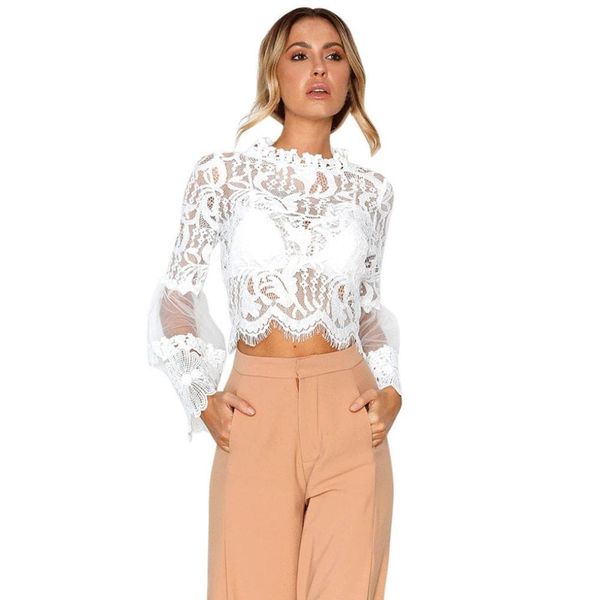 

women's lace crop t shirt blouse hollow sweet fashion cotton long bell sleeve o-neck chiffon blouse white