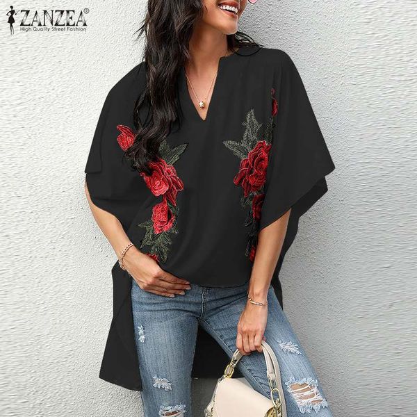 

women's blouses & shirts asymmetric short sleeve v-neck ladies blouse zanzea casual elegant summer women fashion embroidery shirt solid, White