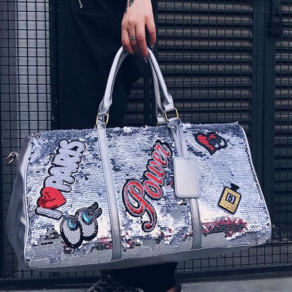 

women men bling sequin handbag leisure large capacity travel luggage bag pu leather organizer tote fashion duffle bags o