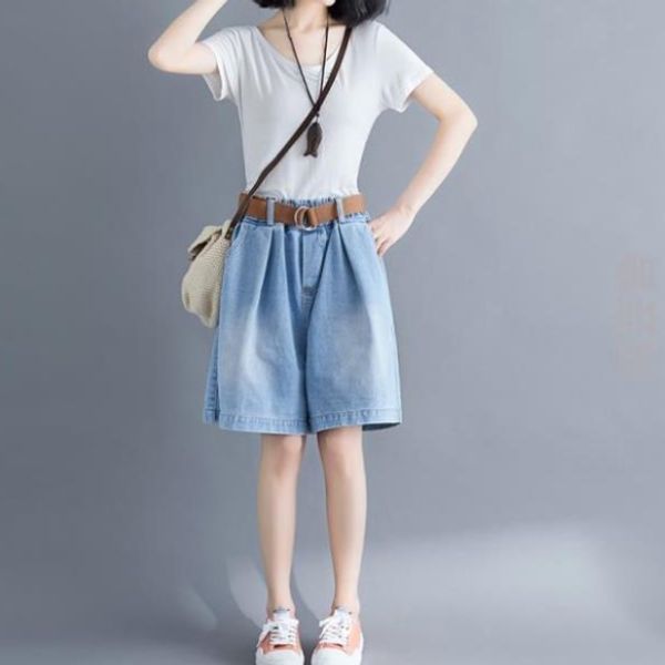 

loose plus size women denim shorts oversized wide leg short jean femme elastic waist boyfriend shorts jeans with belt aq703, White;black