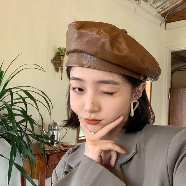 

pu painter's beret leather beret children's season online celebrity painter hat korean casual all-match fashion brown pumpkin hat, Blue;gray