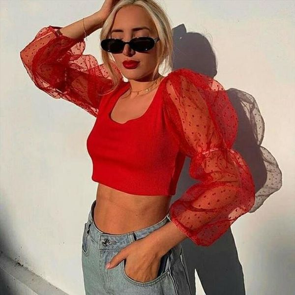 

женщины crop top see through sheer сетки dot блуза puff с длинным рукавом майка выдалбливают элегантный blusas femme дамы топы мода, White