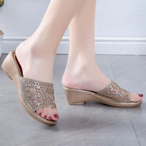 

slippers 2021 summer women's shoes wedge thick bottom mesh rhinestone mother' sandals sandalias mujer heel black