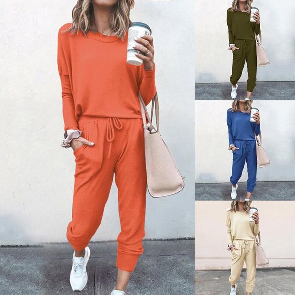 

2pc women pure color suit long sleeve leisure pocket home sweatpants sets outdoor sports solid long pants casual tracksuit#52, Gray