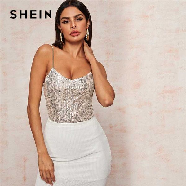 

shein beige v-neck silver lining sequin cami spring summer spaghetti strap vest sleeveless ladies glamorous, White