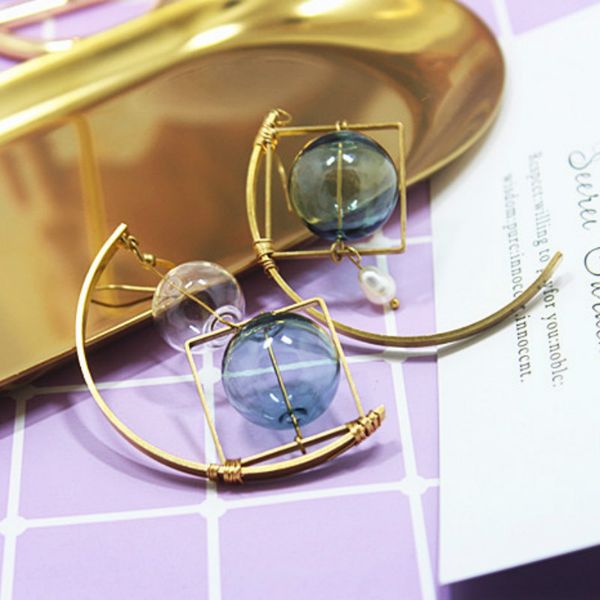 

fashion asymmetric retro brass colored glass bubble exaggerated drop earring original design abstract handmade dangle earrings, Silver