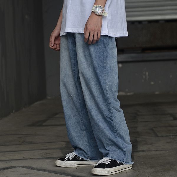 

men vintage washed casual loose straight elastic waist denim long trousers male japan streetstyle hip hop jeans pant high street, Blue