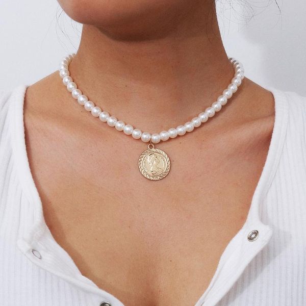 

coin pearls geometric pendants necklaces for women gold metal beads chain necklace new design jewelry gift, Silver