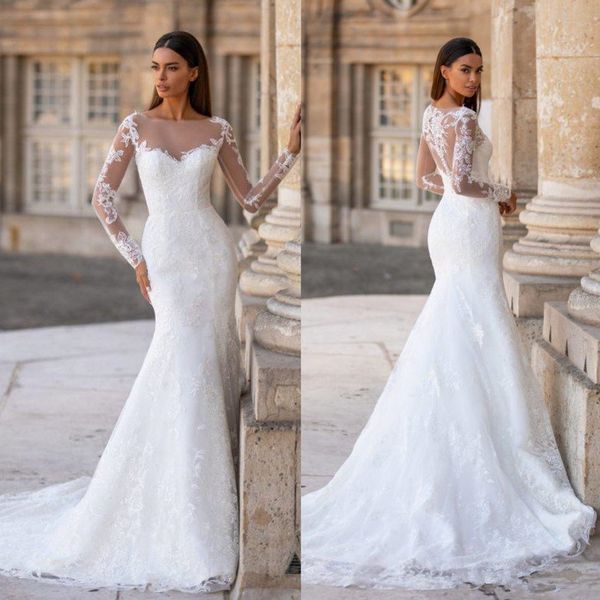 

2020 milla nova mermaid wedding dresses jewel neck lace appliques long sleeve bridal gowns sweep train beach wedding robes de mariÃ©e, White
