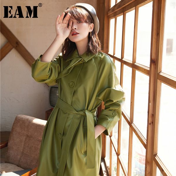 

eam] женщины green бинты pu leather большого размер long trench new нагрудных длинные рукава свободных f ветровка мода весна 2020 1x479, Tan;black