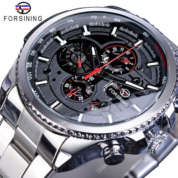 

forsining silver grey mens mechanical watches multifunction 6 hands date military army sport steel strap automatic clock relogio, Slivery;brown
