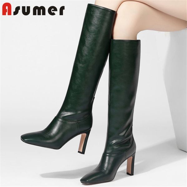 

asumer 2020 big size 34-43 knee high boots women high heel shoes solid colors square toe autumn winter fashion long boots woman, Black