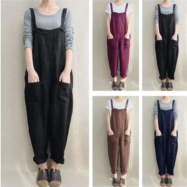 

plus size women overalls spring autumn flax jumpsuit casual loose suspender trousers pants pocket button rompers ladies overalls clothing, Blue