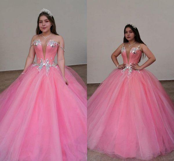 

elegant coral quinceanera prom dresses ball gown crystal rhinestones organza pleated long sequined sweet 16 vestidos de dress, Blue;red
