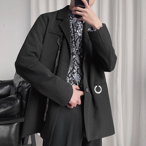 

2020 spring and autumn new youth popular personality chain decoration suit fashion casual loose single-breasted shirt m-xl, White;black