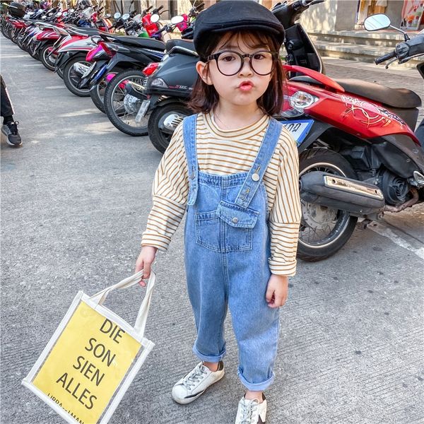 

2020 korean style boys girls spring and autumn denim front pocket denim suspender jumpsuit casual casual pants jeans and jeans pants, Blue