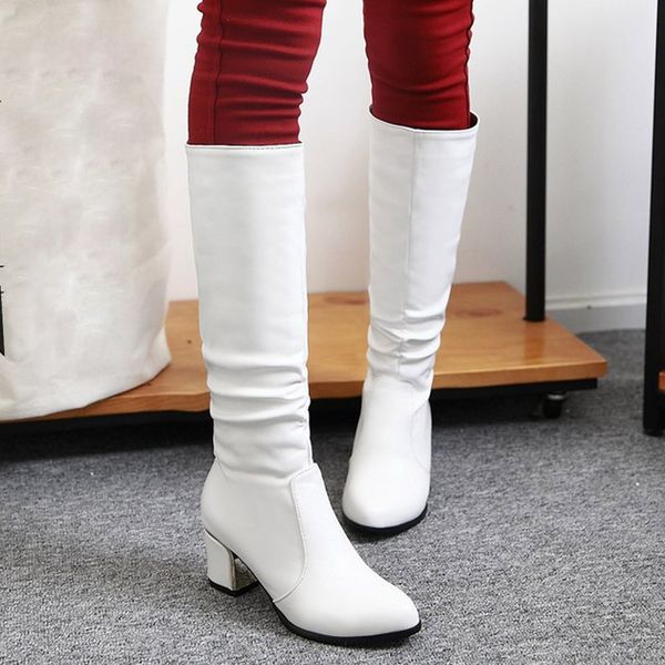 

autumn winter 2019 knee high ladies boots women's fashion plus size square heel shoes high heel winter warm snow boots, Black
