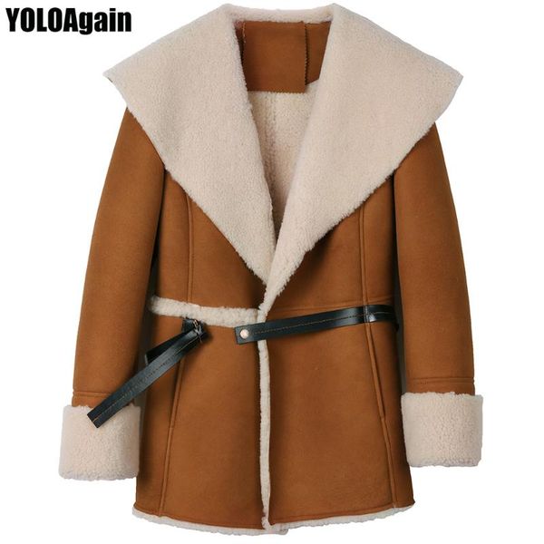 

women's leather & faux yoloagain women big fur turn down collar suede coat winter warm ladies shearling jacket, Black