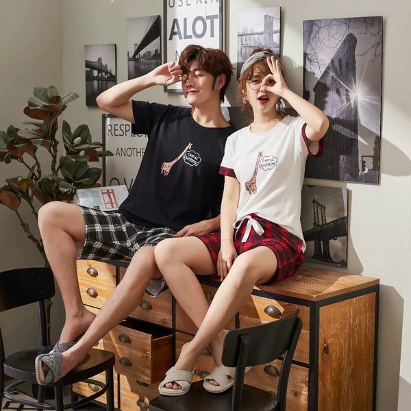 

couple pajamas women's cotton home clothes set short sleeves korean style cute cartoon cotton thin men's summer home clothes set, Blue;red