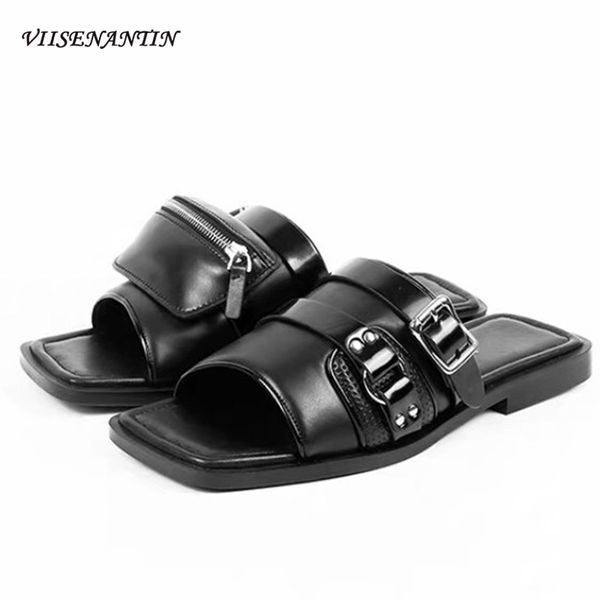 

square heel buckle basic women slippers poly urethane platform indoor summer shoes, Black
