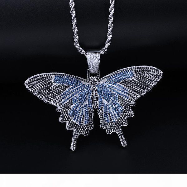 

201908 животных большой бабочки кулон ожерелья способа iced out bling ожерелье серебряный синий покрыло mens hip hop ювелирные изделия рожде, Silver