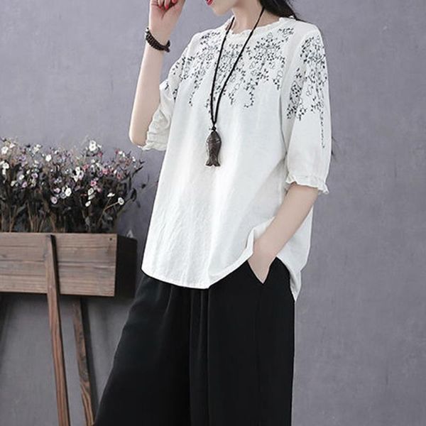 

plus size fashion vintage print blouse o-neck loose tee casual summer ladies female women half sleeve blusas pullover, White