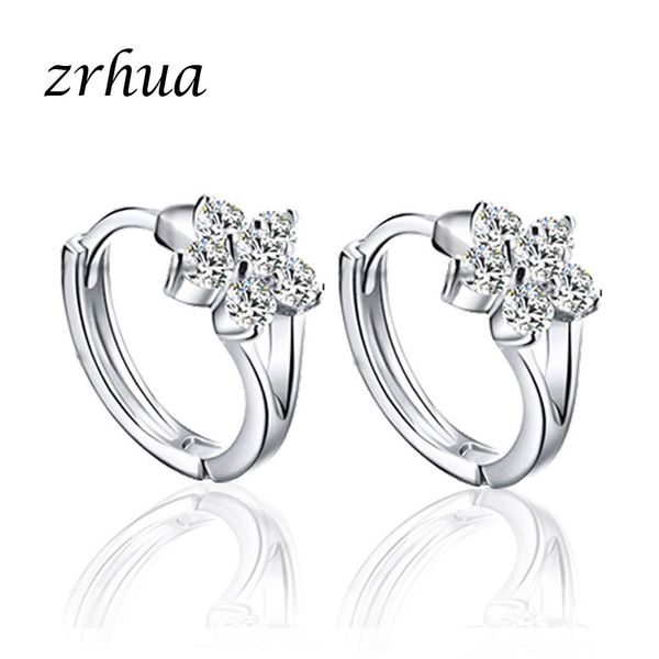 

zrhua 925 sterling silver flower hoop earrings for women wedding party jewelry female christmas gifts wholesale, Golden