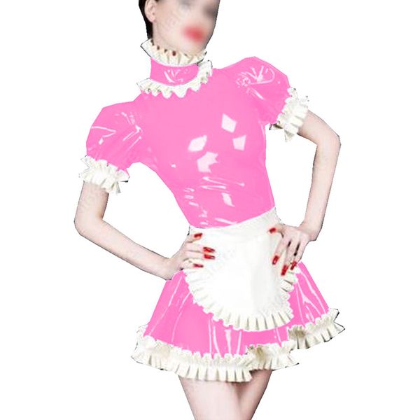 Plus Size Vintage Manica Corta Lolita Dress Retro Halloween Cosplay Party Maid Costume Wetlook PVC Pleated Dress Mini Abito con grembiule
