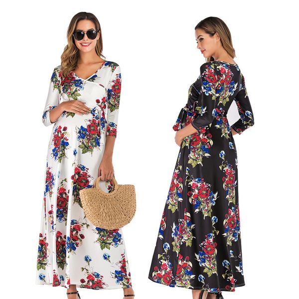 

2020 autumn new women pregnant maternity nursing floral breastfeeding summer long dress boho beach clothes for pregnant women, White