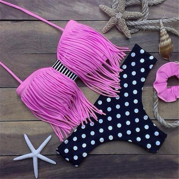 

biquini swimwear women tassel swimsuit push up bikinis fringe beach stroje damskie monokini bikinis mujer trikini badpak maillot, White;black