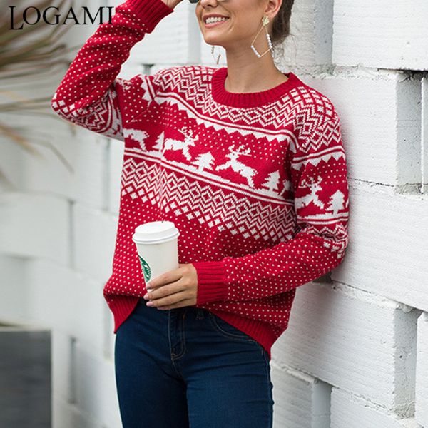 

logami рождество свитер женский снег и dear перемычка осень зима урожай пуловер 2019 новое прибытие, White