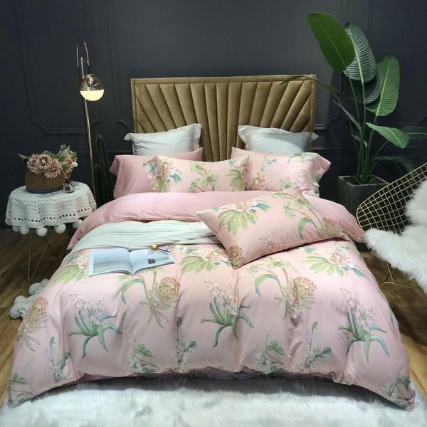 

pink blossom bedding set 100% egyptian cotton floarl print bed set sheets satin duvet cover pastoral bedspread  king size