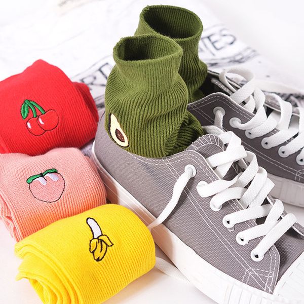 

cute cartoon fruit print avocado banana cherry peach girls kawaii socks meias korean harajuku embroidery pile heap funny socks, Black